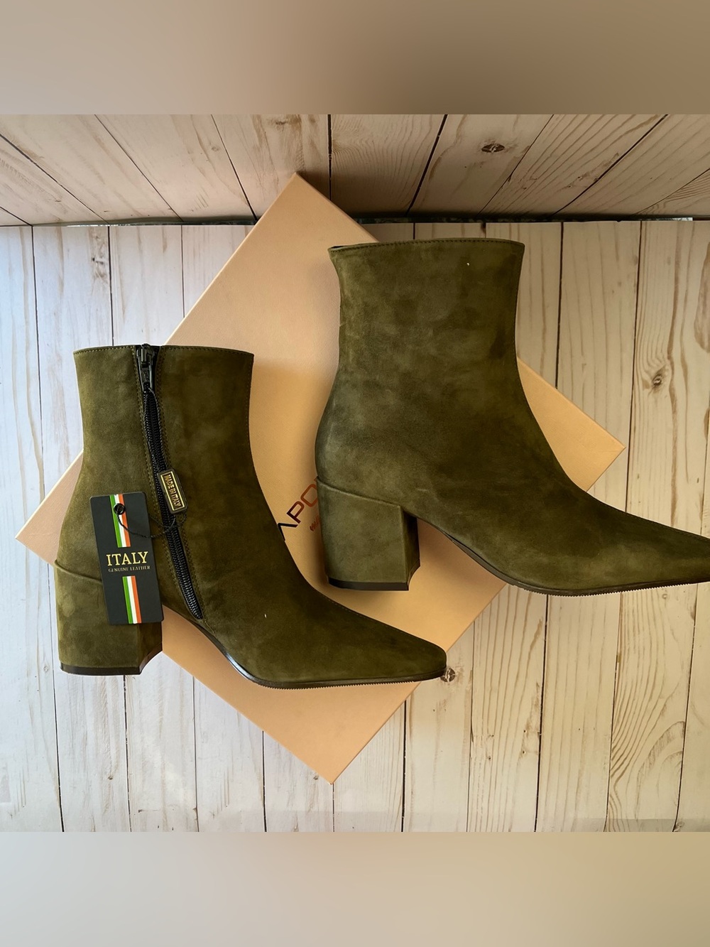 NAPOLEONI Olive Suede Mid-Heel Ankle Booties — Made in Italy